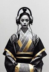 Eine junge schöne Geisha in Kimono und Kopfhörern. Porträt einer wunderschönen Geisha in einem schwarz-goldenen Kimono. 3D-Rendering.