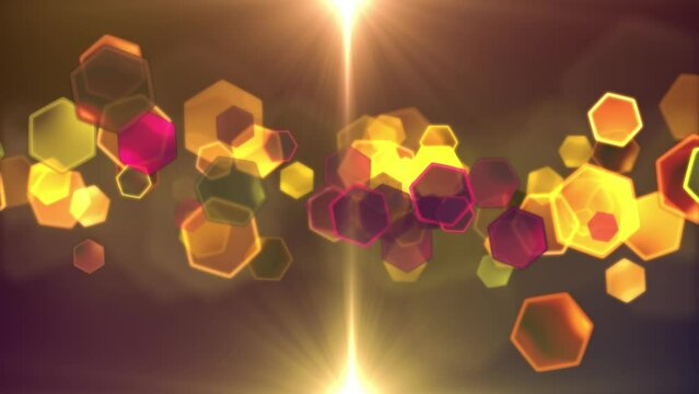 A background of floating hexagons with light flares in a seamless loop.