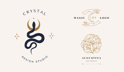 A set of logos in a linear style. Magic snake with moon, star, hands and crescents. Mystical symbols in a trendy minimalist style.