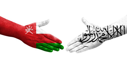 Handshake between Afghanistan and Oman flags painted on hands, isolated transparent image.