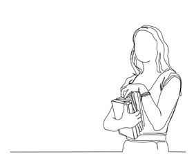 Continuous one line drawing of young woman holding books. student holding books single line art drawing vector illustration.