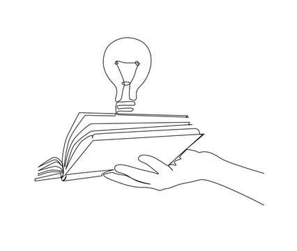 Continuous one line drawing of hand holding book with bulb rise on. smart idea from reading concept,holding  book with lamp single line art drawing vector illustration.