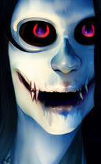 Scary horror monster portrait digital painting. Illustration of evil demonic face, vampire, undead, witch. Halloween.