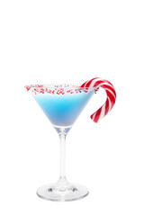 Blue cotton candy cocktail on white background. A holiday drink for celebrating the New Year and...