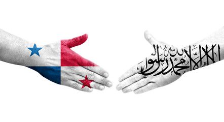 Handshake between Afghanistan and Panama flags painted on hands, isolated transparent image.