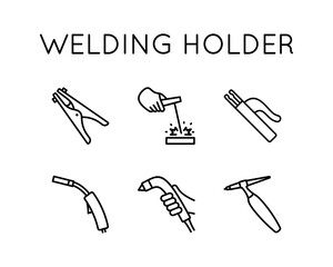 Welding holder icons set. Electrode, Arm, Argon, Mass Are Presented, tig, mig.