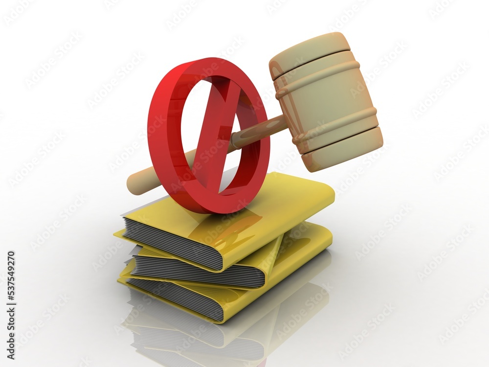 Poster 3d rendering folder with stop sign near hammer