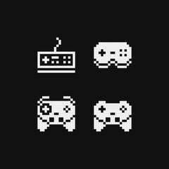 Gamepad icons set, emoji. Retro 80s pixel art. Flat style. Old school computer graphic design. 1-bit sprite. Game assets. Isolated vector illustration.
