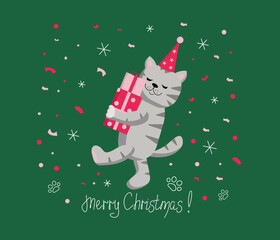 Cat in a hat with gifts in boxes and Confetti. Christmas, holiday. Card. Chinese New Year. Vector illustration. The background is isolated.