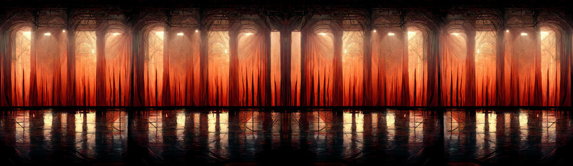 Fototapeta premium Corridor of an old fantasy palace with large windows, curtains against the sunset. Partially generated by a neural network, no reference image.