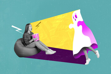 Creative collage portrait of amazed girl black white effect sit beanbag hold popcorn watch big...