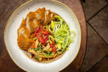 Asian cuisine. Japanese ramen soup on the table

