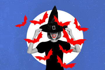 Composite collage picture of dangerous girl witch black white gamma headwear painted red bats isolated on moonlight background