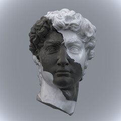 Fototapeta na wymiar Abstract illustration from 3D rendering of a black and white marble head of male classical sculpture broken in three pieces and isolated on gray background.