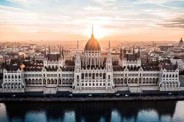 Naklejka premium Aerial Drone Photo - Sunrise over the Hungarian Parliament Building. Budapest.