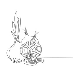 Continuous one line drawing of fresh organic onion. Onion line art drawing for plantation business concept.