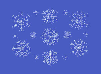 Set of doodle snowflakes. New Year's Christmas decor. Winter vector illustration, white isolated background.