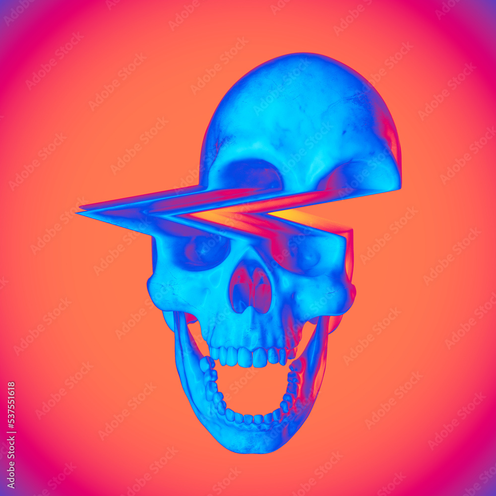 Poster digital illustration from 3d rendering of pixel stretched glitch spike deformed screaming skull in v