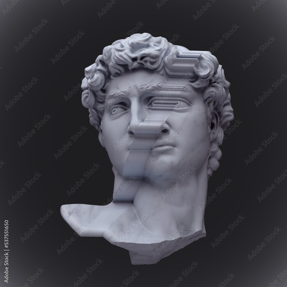 Poster abstract illustration from 3d rendering of glitch pixel stretch deformed classical head sculpture is