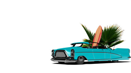 Funny retro car with surfboard, suitcases and palms. Unusual summer travel 3d illustration. Summer vacation concept.