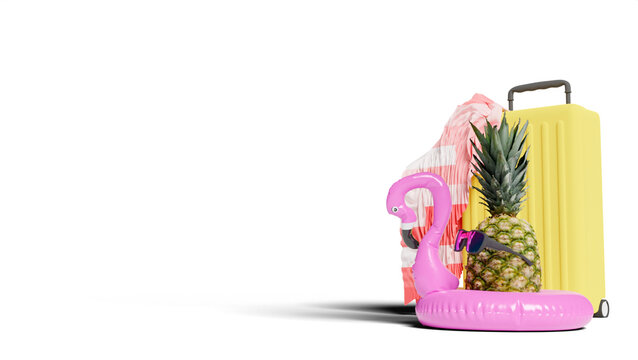 Image of a pink flamingo-shaped float ideal for summer while on vacation at the beach or by the pool. Copy space. 3d rendering.