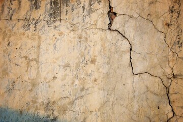 A weathered concrete wall with cracks and peeling paint, showing signs of age and decay.