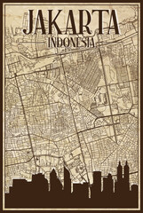 Brown vintage hand-drawn printout streets network map of the downtown JAKARTA, INDONESIA with brown 3D city skyline and lettering