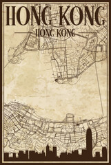 Brown vintage hand-drawn printout streets network map of the downtown HONG KONG, CHINA with brown 3D city skyline and lettering