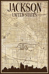 Brown vintage hand-drawn printout streets network map of the downtown JACKSON, UNITED STATES OF AMERICA with brown 3D city skyline and lettering