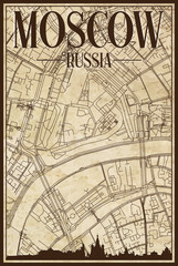 Brown vintage hand-drawn printout streets network map of the downtown MOSCOW, RUSSIAN FEDERATION with brown 3D city skyline and lettering