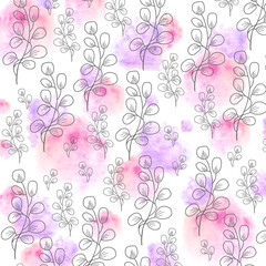 Seamless floral pattern watercolor in beautiful style on white background. Drawing black and white flowers and leaves with watercolor spots of purple and magenta. Hand-drawn drawing.