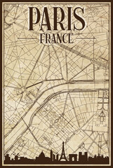 Brown vintage hand-drawn printout streets network map of the downtown PARIS, FRANCE with brown 3D city skyline and lettering