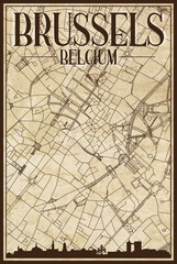 Brown vintage hand-drawn printout streets network map of the downtown BRUSSELS, BELGIUM with brown 3D city skyline and lettering