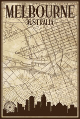 Brown vintage hand-drawn printout streets network map of the downtown MELBOURNE, AUSTRALIA with brown 3D city skyline and lettering
