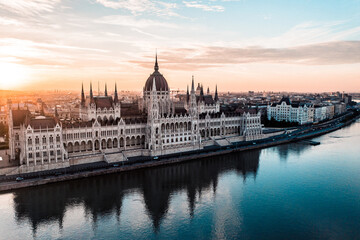 Obraz na płótnie Canvas Aerial Drone Photo - Sunrise over the Hungarian Parliament Building. Budapest.