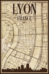 Brown vintage hand-drawn printout streets network map of the downtown LYON, FRANCE with brown 3D city skyline and lettering