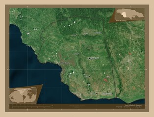 Saint Elizabeth, Jamaica. Low-res satellite. Labelled points of cities