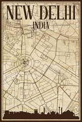 Brown vintage hand-drawn printout streets network map of the downtown NEW DELHI, INDIA with brown 3D city skyline and lettering