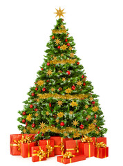 Christmas Tree with Red Gift Boxes and Golden Toys isolated White. Xmas Fir Tree with many Packed Presents under it. Decorated Christmas Tree with Gold Garland, Ornaments and Balls