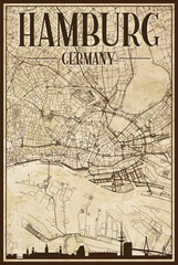 Brown vintage hand-drawn printout streets network map of the downtown HAMBURG, GERMANY with brown 3D city skyline and lettering