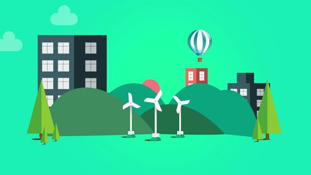 landscape mountains forest trees with a turbine, Eco-city using wind power 2D animation