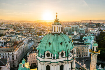 Aerial Drone Photo - St. Charles Church "Karlskirche" at sunset.  Vienna, Austria