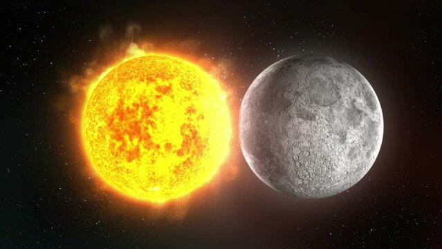 The collision between the blazing sun and the moon creates an explosive effect. Stars can be seen in the background. 