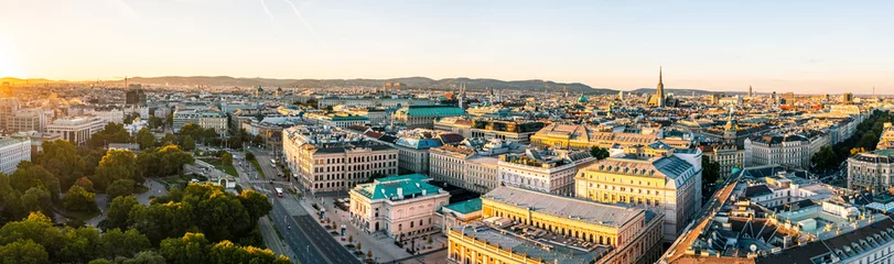 Poster Aerial Drone Photo - Sunset over Vienna Austria. © nick