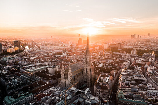 Aerial Drone Photo - Sunrise over St. Stephens Cathedral.  Vienna, Austria