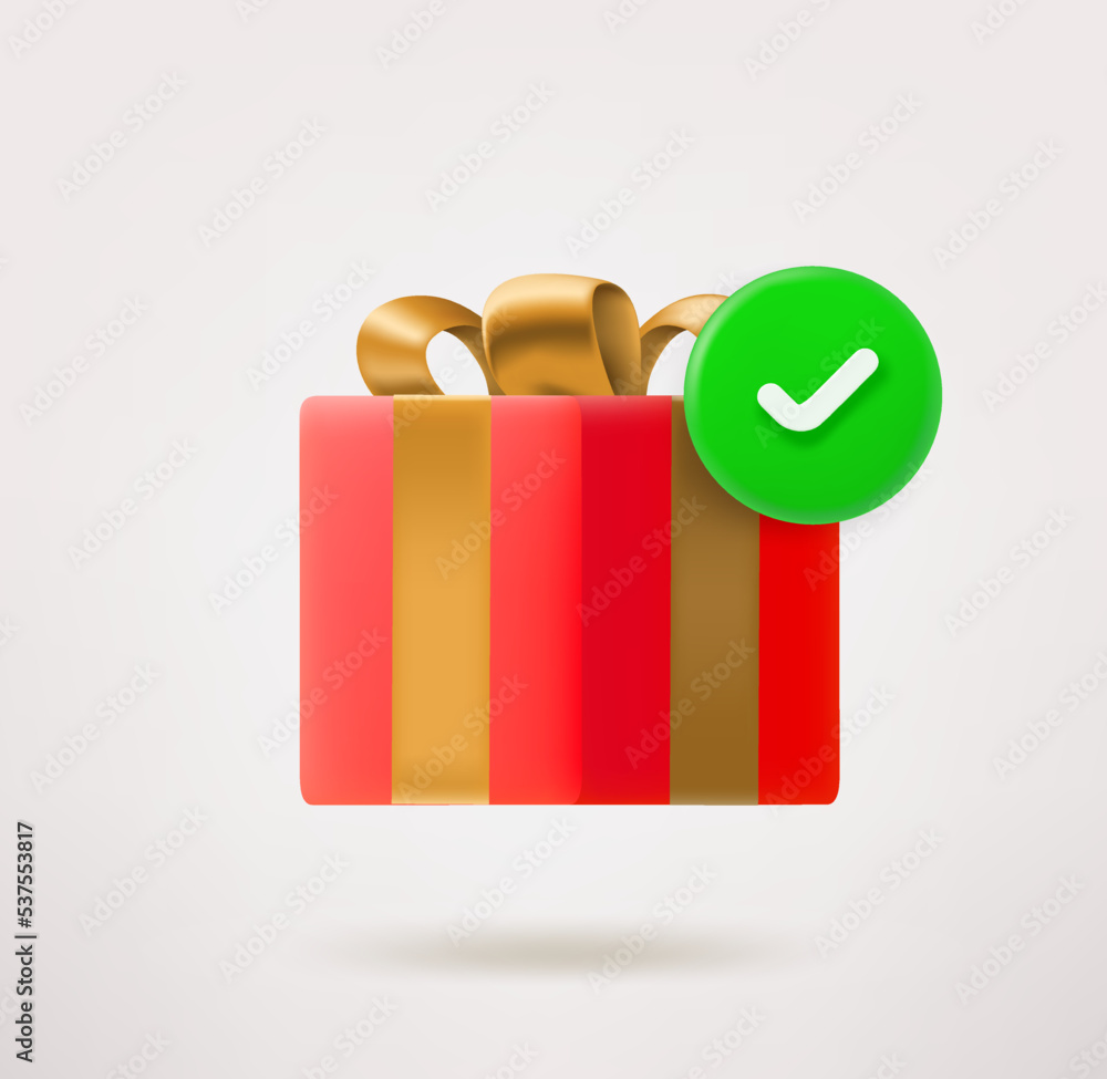 Poster red gift box with golden bow and checkmark. 3d vector icon
