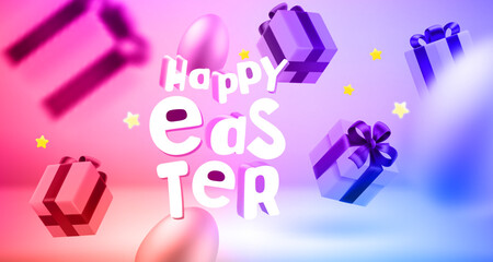 Gift boxes and eggs in the air. 3d vector banner with copy space