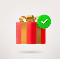 Red gift box with golden bow and checkmark. 3d vector icon
