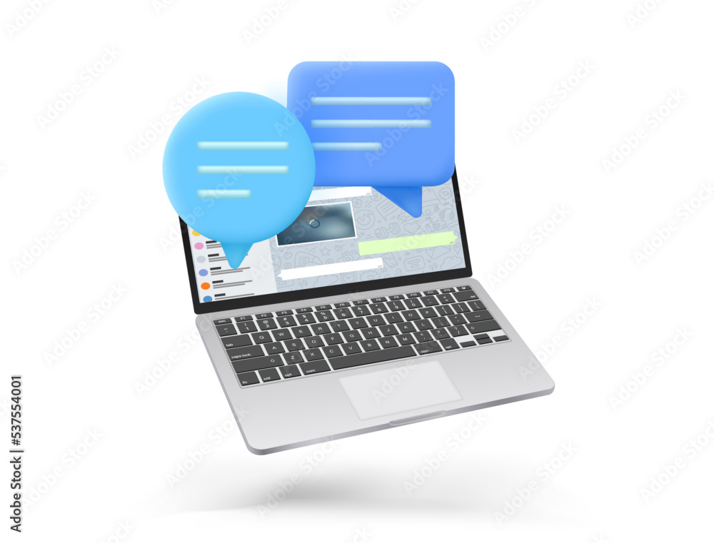 Aufkleber laptop with chat clouds. 3d vector banner