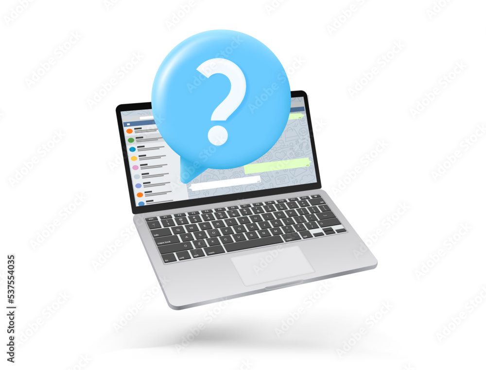 Aufkleber laptop with question bubble. 3d vector banner